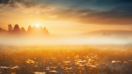 Beautiful golden meadow in the fog at sunrise - obrazy, fototapety, plakaty
