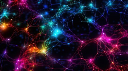 Fototapeta premium A backdrop featuring a neural network design, illuminated with vibrant neon colors. This creates a visually striking and futuristic aesthetic.