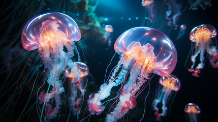 jellyfish in blue - obrazy, fototapety, plakaty