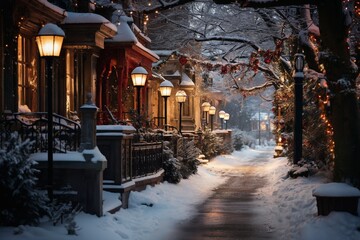 city street in winter, exteriors of houses decorated for Christmas or New Year's holiday, snow, street lights, festive environment - obrazy, fototapety, plakaty