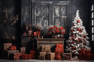 interior of house decorated for Christmas or New Year's holiday, gifts, fir tree, winter season