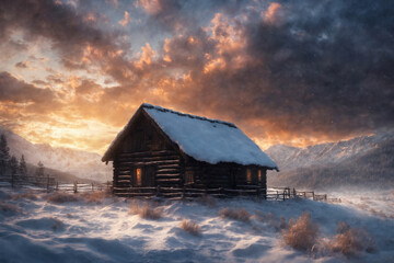 an old hut against the background of hard nature in winter, blizzard, dramatic sky and snowy mountains, forest, beautiful landscape