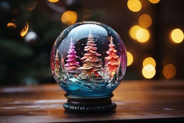 Fototapeta na wymiar tiny glass gifts and decorations, with a small world inside, in the winter forest, decorated for Christmas or New Year's holiday, garlands, a fairy-tale environment