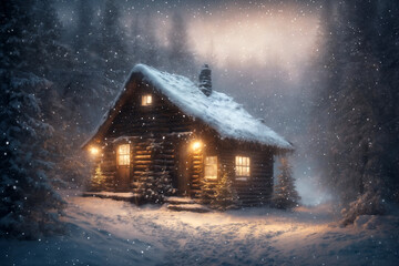 an old hut, decorated with lights for new year holiday, against the background of hard nature in winter, blizzard, dramatic sky and snowy forest, beautiful landscape