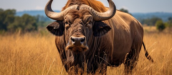 Buffalo that are relatively diminutive are positioned in immediate proximity within a field devoid of obstructions - obrazy, fototapety, plakaty