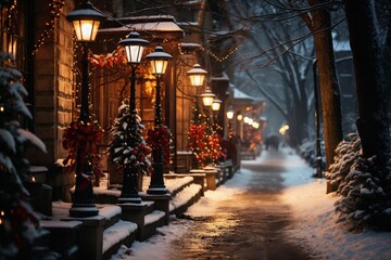city street in winter, exteriors of houses decorated for Christmas or New Year's holiday, snow,...
