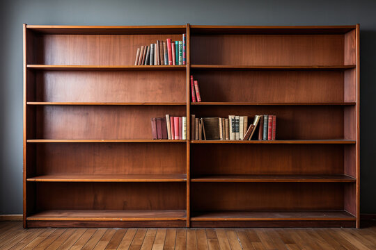 Wooden bookcase with books on shelves near a gray wall on a wooden floor. Generated by artificial intelligence