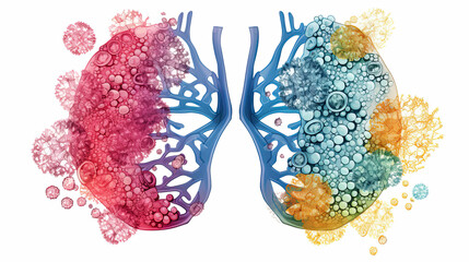 Colorful illustration of human lungs and bacteria infect the organ. Health concept - obrazy, fototapety, plakaty