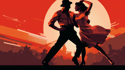 beautiful artistic illustration of a couple dancing lindy hop, swing dance, orange colors - obrazy, fototapety, plakaty