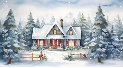 watercolour illustration of house in the winter wood