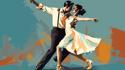 beautiful artistic illustration of a couple dancing lindy hop, swing dance, blue colors
