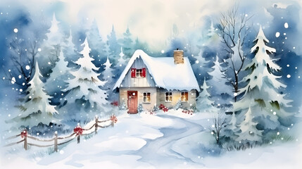 watercolour illustration of house in the winter wood