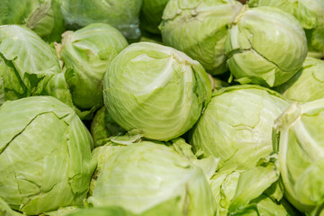 Heads of fresh cabbage on the counter in a supermarket. Healthy eating, diet and vegetarianism....