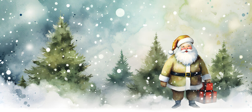 Watercolour illustration of Santa Claus on the Christmas tree background
