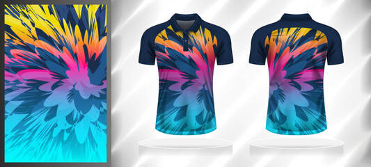 Vector sport pattern design template for Polo T-shirt front and back with short sleeve view mockup. Dark and light shades of blue with yellow-pink color gradient abstract grunge texture background.