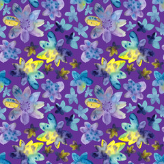 Seamless pattern of watercolor blue, purple, yellow flowers. Hand drawn illustration. Botanical hand painted floral elements on purple background.
