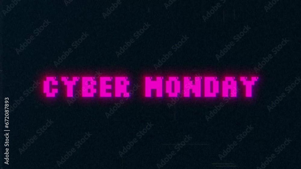 Poster cyber monday pixel banner with vhs glitch effect. web 8 bit banner for cyber monday with retro tv di