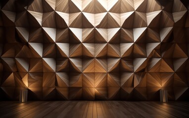 Geometric wood wall decoration illuminated by soft ambient light, creating a visually appealing and modern background.