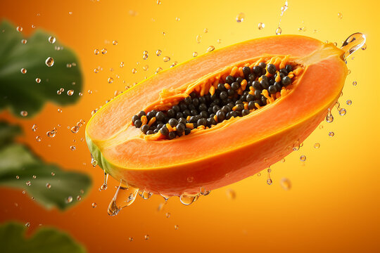 Generative AI Image of Half of Fresh Papaya Fruit on Orange Background