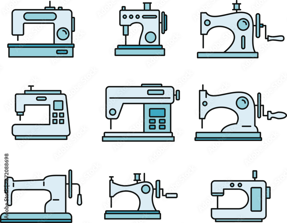 Poster fabric sew machine icon set. outline set of fabric sew machine vector icons thin line color flat on 