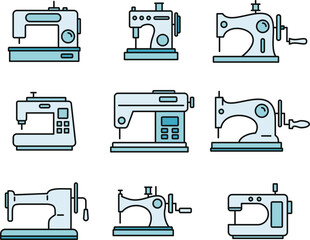 Fabric sew machine icon set. Outline set of fabric sew machine vector icons thin line color flat on white