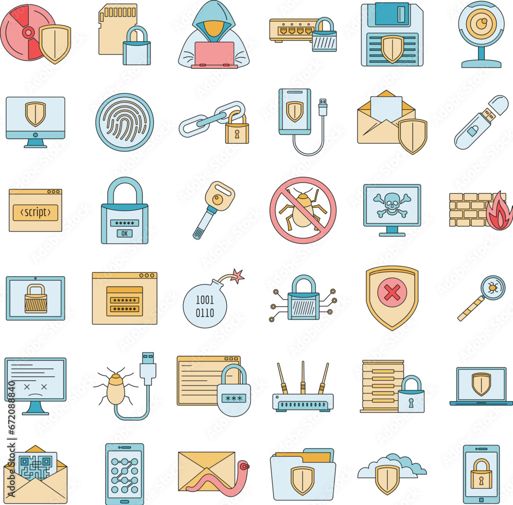 Poster internet security icon set. outline set of internet security vector icons thin line color flat on wh