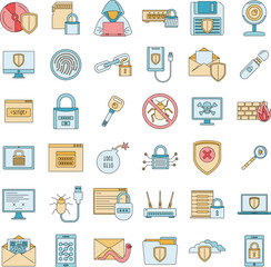 Internet security icon set. Outline set of internet security vector icons thin line color flat on white