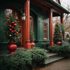Fototapeta na wymiar Decorated Christmas porch of the house