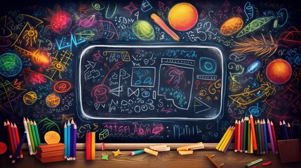 vibrant back-to-school scene: colorful crayons on blackboard, artistic drawing background.
