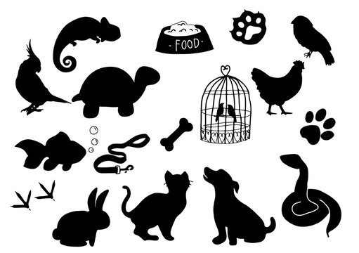 set of hand drawn of pets silhouette