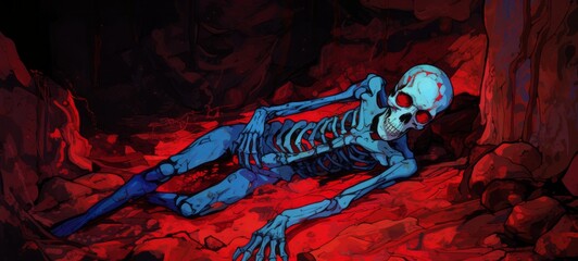 a cartoon of a skeleton lying on the ground