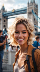 Fototapeta premium Junge Frau auf Europareise macht ein selfie, generated image