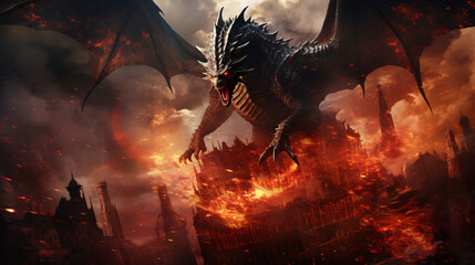 Mad dragon destroying the world. - obrazy, fototapety, plakaty