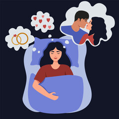 The woman is sleeping. A woman dreams of a wedding, marriage. flat cartoon style. vector design