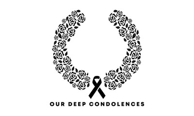 Black Respect ribbon and black rose round on white background Banner. Deep Condolences Funeral Vector Illustration.