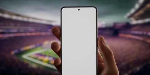 CU Caucasian man using his phone during American football game on a huge stadium
