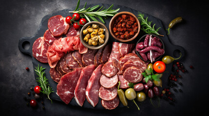 Meat appetizer platter with sausage, prosciutto, ham.