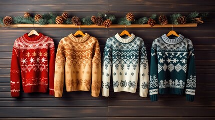 Merry Christmas, Day, Fantasy Cozy Christmas Sweaters, Colourfull, Flat lay, top view. Copy space. Banner backdrop - obrazy, fototapety, plakaty