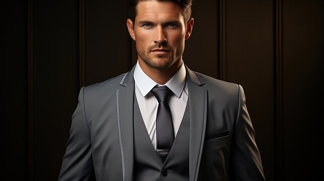 picture of a groom in a charcoal gray pent coat, paired with a light gray waistcoat and black dress pants.