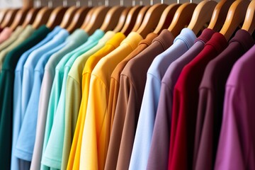 close up collection of colorful t-shirts hanging on wooden clothes hangers in the closet or clothing rack 