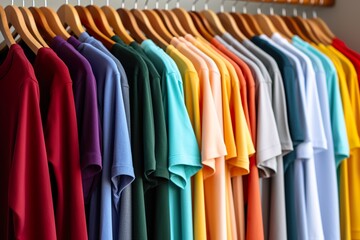 close up collection of colorful t-shirts hanging on wooden clothes hangers in the closet or clothing rack 