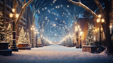 Snow covered city street with illuminated lamps, trees adorned with lights, winter evening atmosphere. Urban winter holiday celebration.