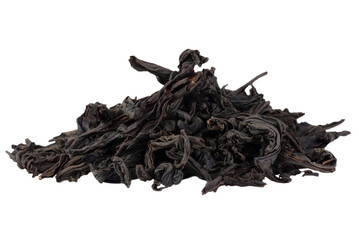 Dry black tea leaves isolated on a transparent background.