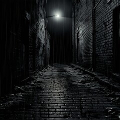 a dark alley with brick buildings and a street light