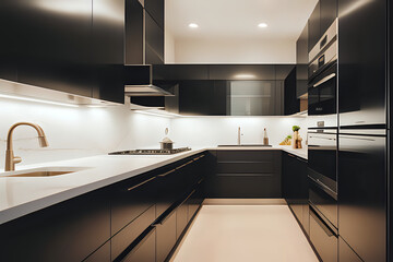 modern kitchen interior. luxury kitchen cabinets galley style - obrazy, fototapety, plakaty