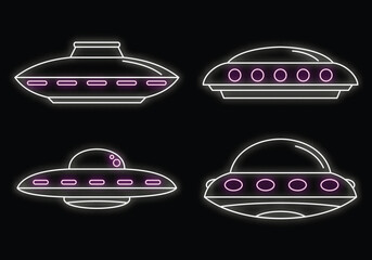 UFO spaceship icon set. Outline set of UFO spaceship vector icons neon color on black