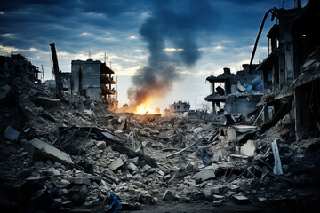 Destroyed city, explosion in the background. Piles of destroyed concrete blocks of house walls and mangled metal, dramatic sky. Concept of military confrontation. World war and apocalypse concept. - obrazy, fototapety, plakaty