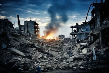Fotobehang Destroyed city, explosion in the background. Piles of destroyed concrete blocks of house walls and mangled metal, dramatic sky. Concept of military confrontation. World war and apocalypse concept. © leesle