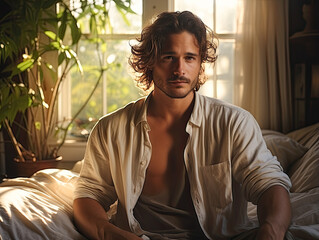 Fototapeta premium Sitting on a bed, a man wears jeans