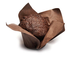 Chocolate muffin isolated on white background . Muffin with chocolate chips.